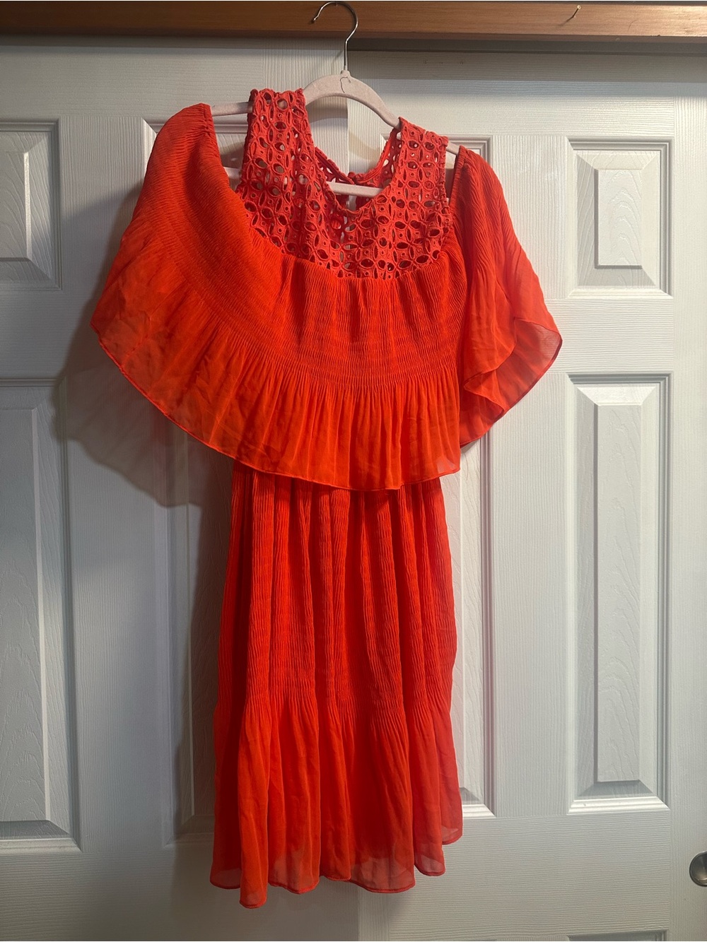 Eva Franco Orange Crochet Yoke Ruffle Mini Dress